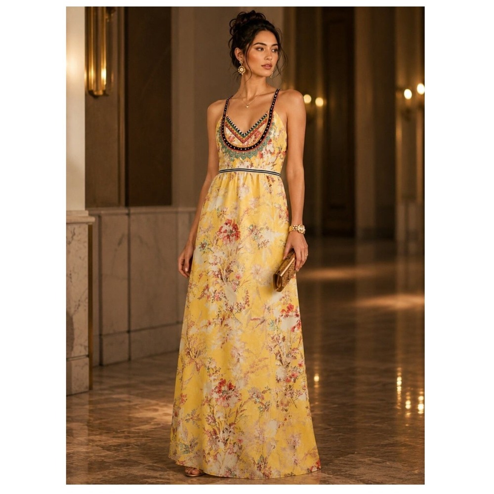 Vineet Bahl Varennes Maxi Dress 6 Yellow Floral Embroidered Bib Cottagecore